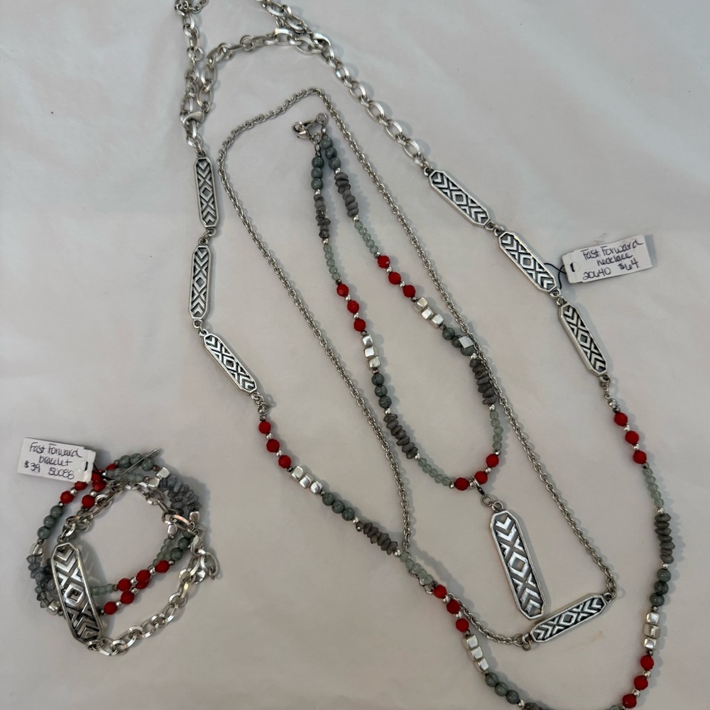 Premier Designs “Fast Forward” Silver and Red Necklace and Bracelet Set